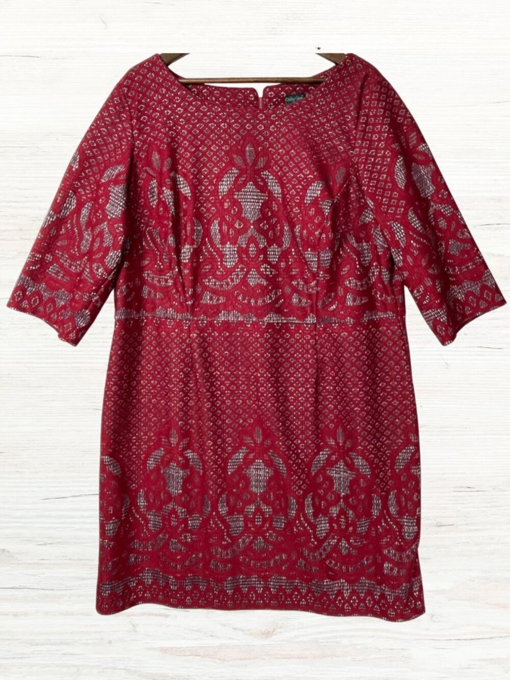Gabby Skye Red Floral Jacquard Sheath Dress 18W 3/4 Sleeve Workwear